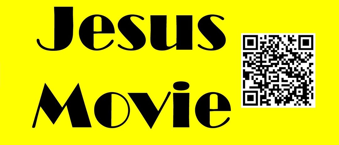 Ein gelber Banner mit dem Text 'Jesus Movie' in schwarzen Buchstaben, mit einem Klatschbrett-Symbol links und einem QR-Code rechts.