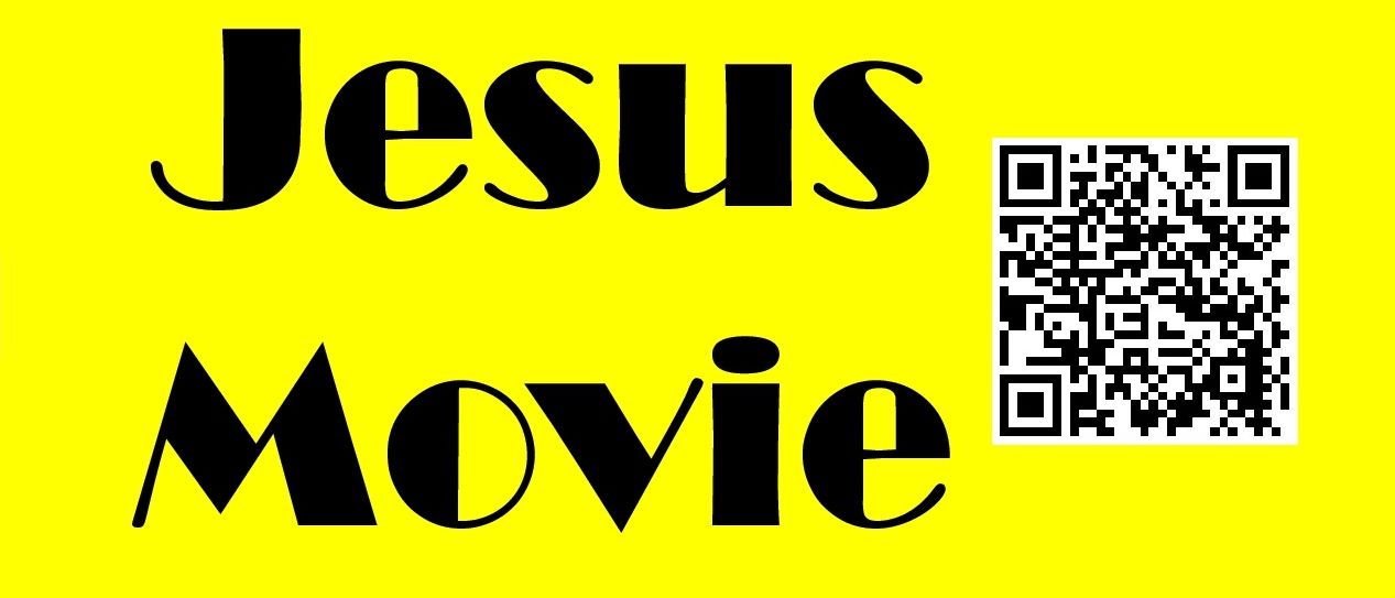 Ein gelber Banner mit dem Text 'Jesus Movie' in schwarzen Buchstaben, mit einem Klatschbrett-Symbol links und einem QR-Code rechts.