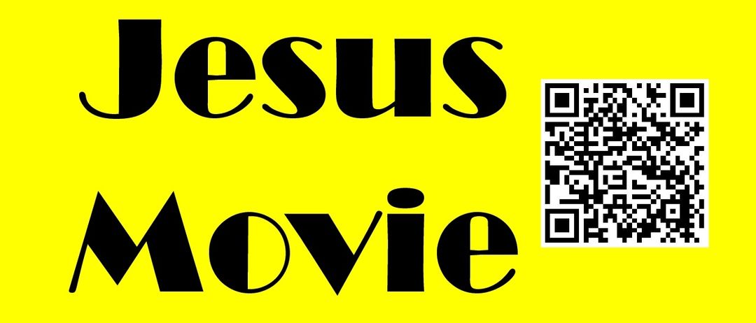 Ein gelbes Banner mit der Aufschrift 'Jesus Movie' und einem QR-Code rechts davon.