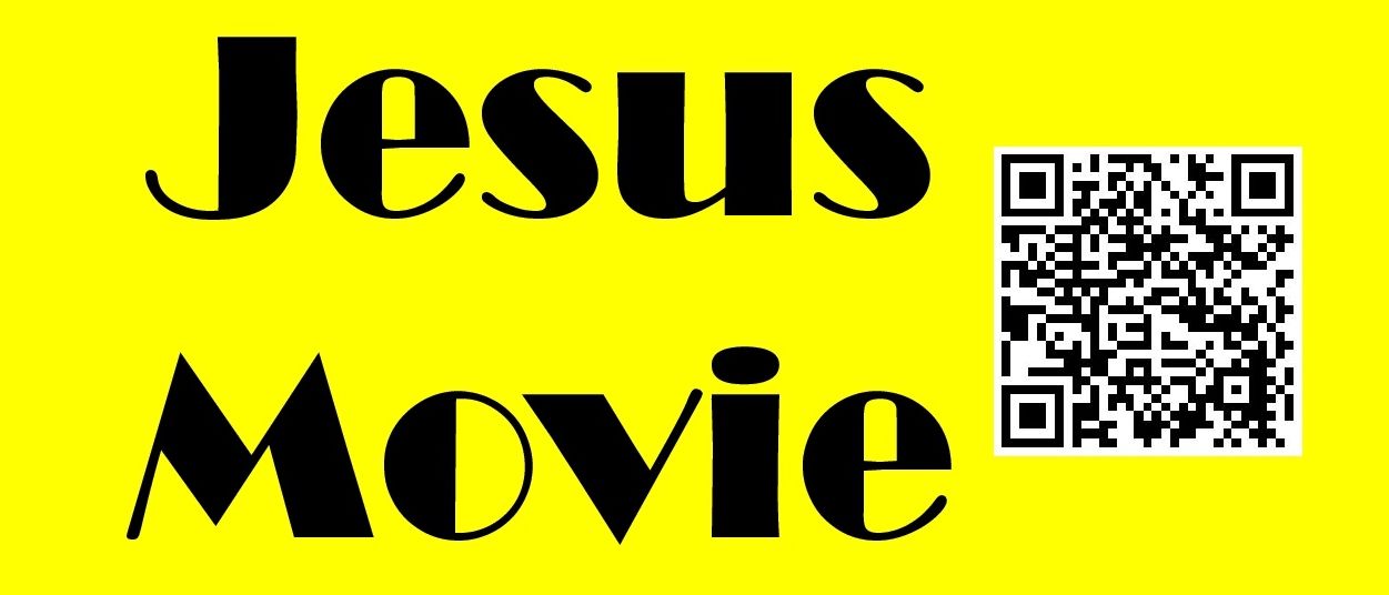 Ein gelbes Banner mit der Aufschrift 'Jesus Movie' und einem QR-Code rechts davon.
