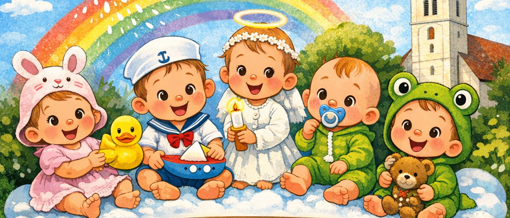 Illustration von fünf Babys, jedes hält ein anderes Objekt, auf einer Wolke sitzend, mit einem Regenbogen im Hintergrund, eine Kirche und eine Taube darüber. Datum und Uhrzeit werden unten angezeigt.
