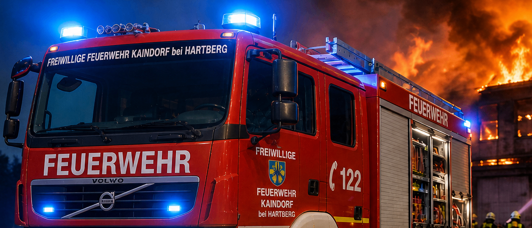Ein Feuerwehrwagen aus Kaindorf bei Hartberg steht vor einem brennenden Gebäude, Feuerwehrleute bekämpfen den Brand.