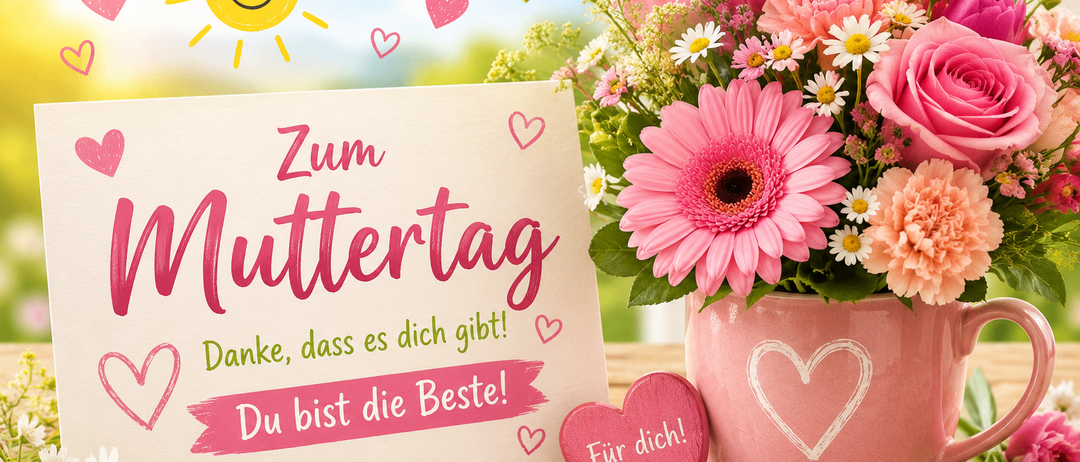 Ein Strauß pinker Blumen und eine Karte mit der Aufschrift Zum Muttertag steht auf einem Holztisch. Die Karte sagt Danke, dass es dich gibt! Du bist die Beste!
