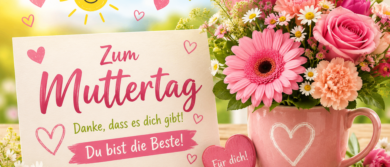 Ein Strauß pinker Blumen und eine Karte mit der Aufschrift Zum Muttertag steht auf einem Holztisch. Die Karte sagt Danke, dass es dich gibt! Du bist die Beste!
