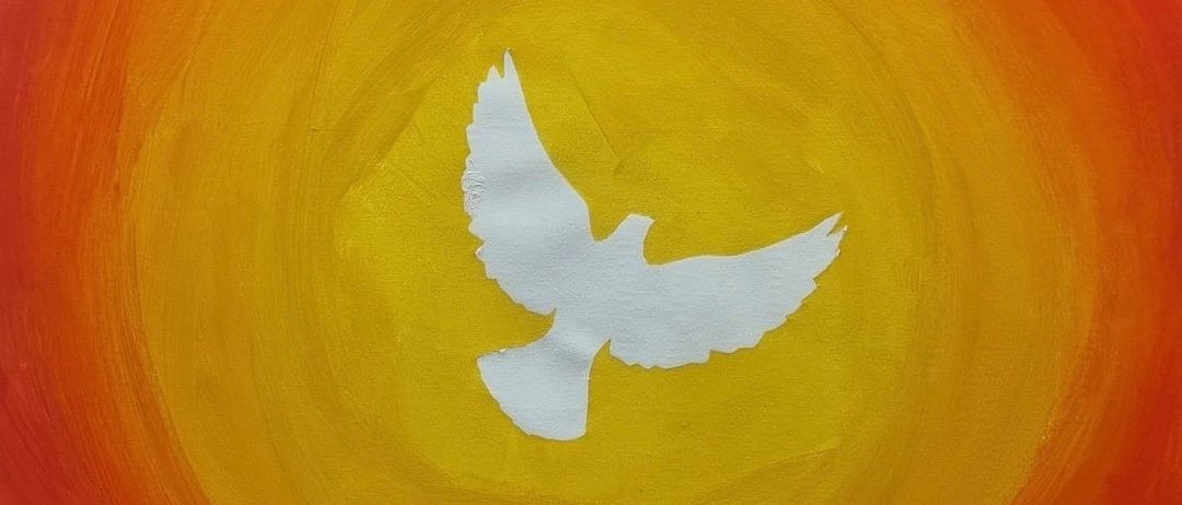 Ein lebhaftes kreisförmiges Gemälde zeigt eine weiße Taube in der Mitte mit einem Farbverlauf im Hintergrund aus Orange und Gelb.