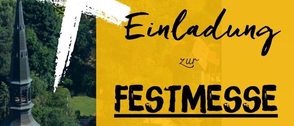 Ein Luftbild einer Kirche mit Glockenturm. Der Text lautet 'Einladung zur Festmesse' mit Datum und Uhrzeit. Es ist eine Einladung zu einer Feier mit österreichischen Bischöfen.
