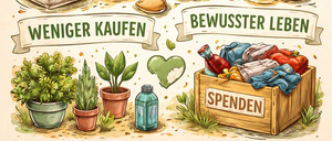 Eine Illustration einer Frau, die auf dem Boden sitzt und ein Buch liest, umgeben von Symbolen bewussten Konsums. Der Titel lautet 'Konsumverzicht'. Darunter steht 'Weniger kaufen, bewusster leben'. Das Bild zeigt durchgestrichene Gegenstände und eine Spardose.