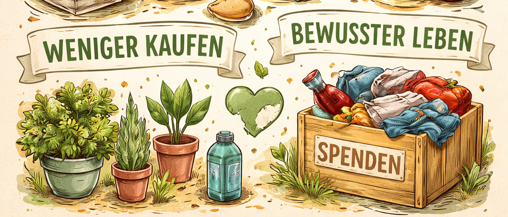 Eine Illustration einer Frau, die auf dem Boden sitzt und ein Buch liest, umgeben von Symbolen bewussten Konsums. Der Titel lautet 'Konsumverzicht'. Darunter steht 'Weniger kaufen, bewusster leben'. Das Bild zeigt durchgestrichene Gegenstände und eine Spardose.