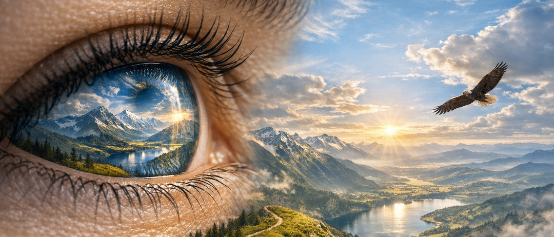 Ein Nahaufnahme eines menschlichen Auges mit einer Berglandschaft, die sich in der Iris spiegelt. Ein Vogel schwebt am Himmel über den Bergen.