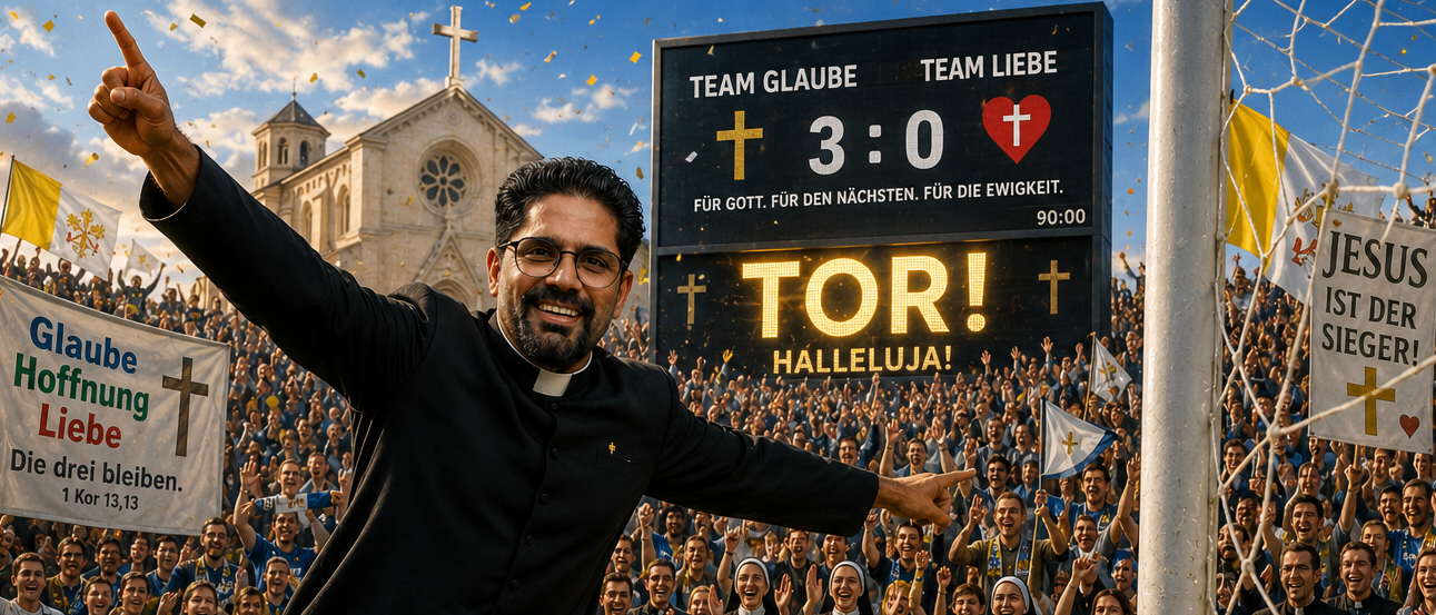 Ein Priester feiert ein Tor vor einer jubelnden Menge. Eine Anzeigetafel zeigt 'Team Glaube' mit 3:0 in Führung. Die Szene spielt vor einer Kirche.