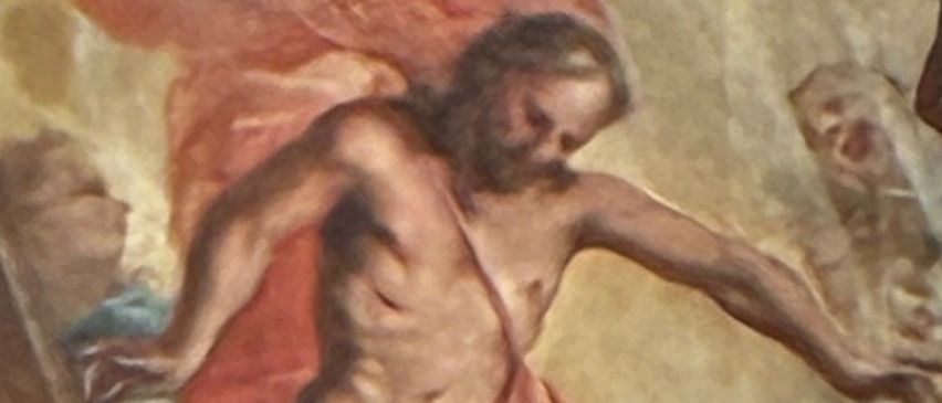 Ein barockes Gemälde zeigt eine himmlische Szene mit einer Figur in Rot, die vom Himmel herabsteigt, und Cherubinen, die Blumen halten. Darunter liegt eine Frau auf einem Bett und blickt nach oben, umgeben von Figuren in verschiedenen Haltungen.