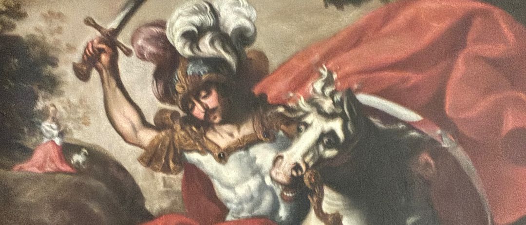 Ein Ölgemälde zeigt einen Krieger, der auf einem weißen Pferd reitet, ein Schwert hält und einen roten Umhang und Helm trägt. Das Pferd ist aufgerichtet, und ein Löwe liegt unter ihnen.
