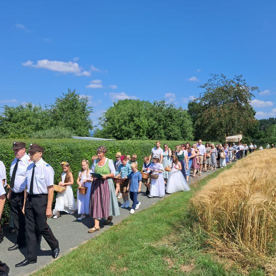 Eine Gruppe von Menschen zieht in einer Prozession mit Körben an einem sonnigen Tag. Sie sind in traditioneller Kleidung gekleidet. Rechts befindet sich ein Weizenfeld.