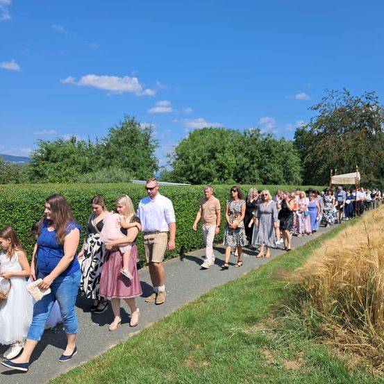 Eine Gruppe von Menschen geht in einer Reihe auf einem Pfad zwischen Hecken, unter einem blauen Himmel. Die Menschen sind unterschiedlich alt und gekleidet, und einige tragen Kinder.