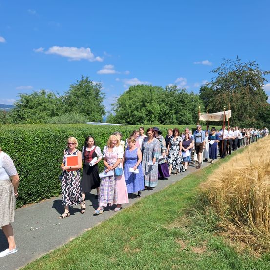 Eine Gruppe von Menschen in traditioneller Kleidung geht in einer Reihe auf einem Pfad, der von Hecken und Weizenfeldern umgeben ist. Bäume und ein klarer blauer Himmel sind im Hintergrund.
