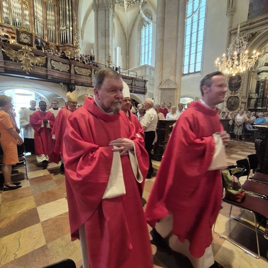 Eine Gruppe von Priestern in roten Roben steht in einer Kirche, möglicherweise während einer Zeremonie. Der Priester auf der linken Seite hat die Hände gefaltet. Hinter ihnen sitzt eine Versammlung von Menschen auf Stühlen. Die Kirche ist mit Kronleuchtern, Kirchenbänken und dekorativen Elementen geschmückt.