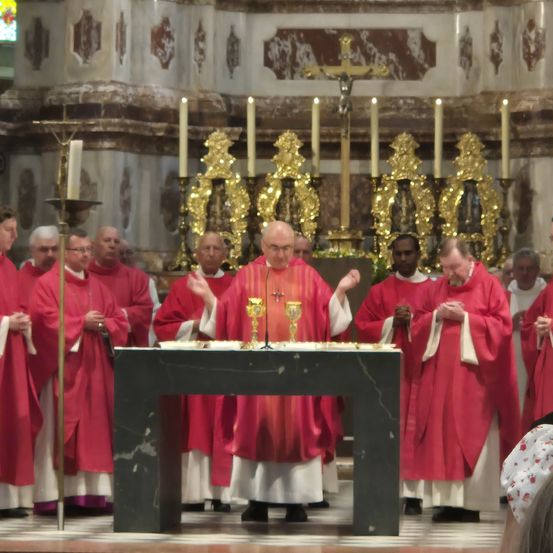 Ein Priester leitet eine religiöse Zeremonie in einer Kirche. Mehrere Priester beten um ihn herum. Sie tragen alle rote Gewänder.