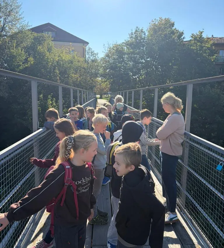 Eine Gruppe von Kindern und Erwachsenen geht auf einer Holzbrücke mit Metallgeländern. Sie schauen auf den Boden.