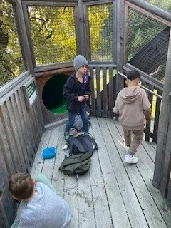 Vier Kinder spielen in einem hölzernen Spielhaus mit einem Tunnel und einer Rutsche. Ein Kind schaut auf ein Handy, ein anderes hält eine Tasche und die anderen beiden stehen in der Nähe des Tunnels.