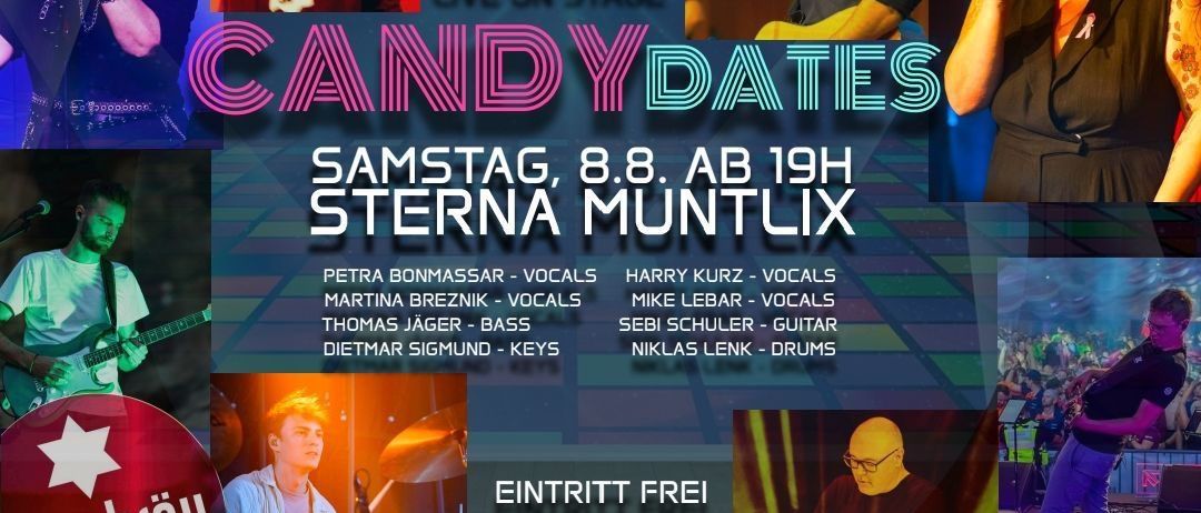 Ein Werbeplakat für die Band Candy Dates, mit Bandmitgliedern auf der Bühne und Instrumenten. Das Plakat enthält Datum, Veranstaltungsort und Namen der Bandmitglieder.