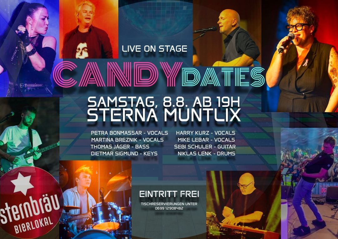 Plakat für Candy Dates Live-Auftritt bei Sterna Muntlix am 8. August. Zeigt Bandmitglieder mit Instrumenten und einen Ticketinformationsbereich.