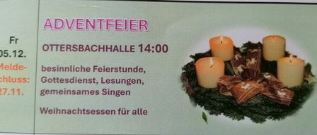 Ein deutscher Kirchenveranstaltungsplakat. Oben steht 'ENTFEIR', darunter 'CHHALLE 14:00' und zwei brennende Kerzen in einem Kranz. Es gibt Text über eine Feier, Lesungen und Gesang.