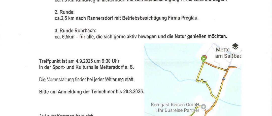 Der Flyer lädt Senioren zu einem Bezirkswandertag ein. Drei Routen werden angeboten: ein 1,5 km leichter Weg, ein 2,5 km Weg und ein 6,5 km Weg. Treffpunkt ist am 9. April 2025 um 9:30 Uhr in der Sport- und Kulturhalle. Die Anmeldung ist bis zum 20. August 2025 erforderlich.