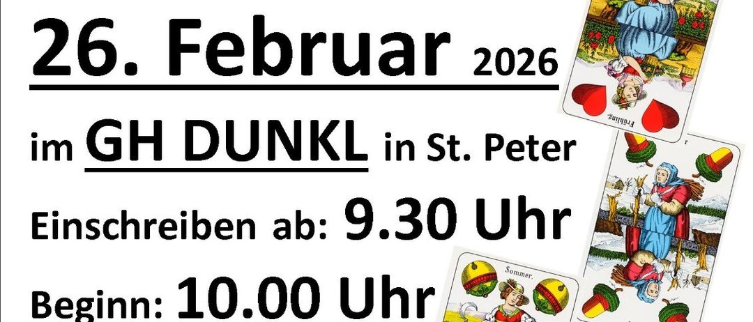 Plakat für das Preisschnapsen-Event am 26. Februar 2026 im GH Dunkl in St. Peter. Anmeldung ab 9:30 Uhr, Beginn 10:00 Uhr. Preise umfassen Geschenkkörbe.
