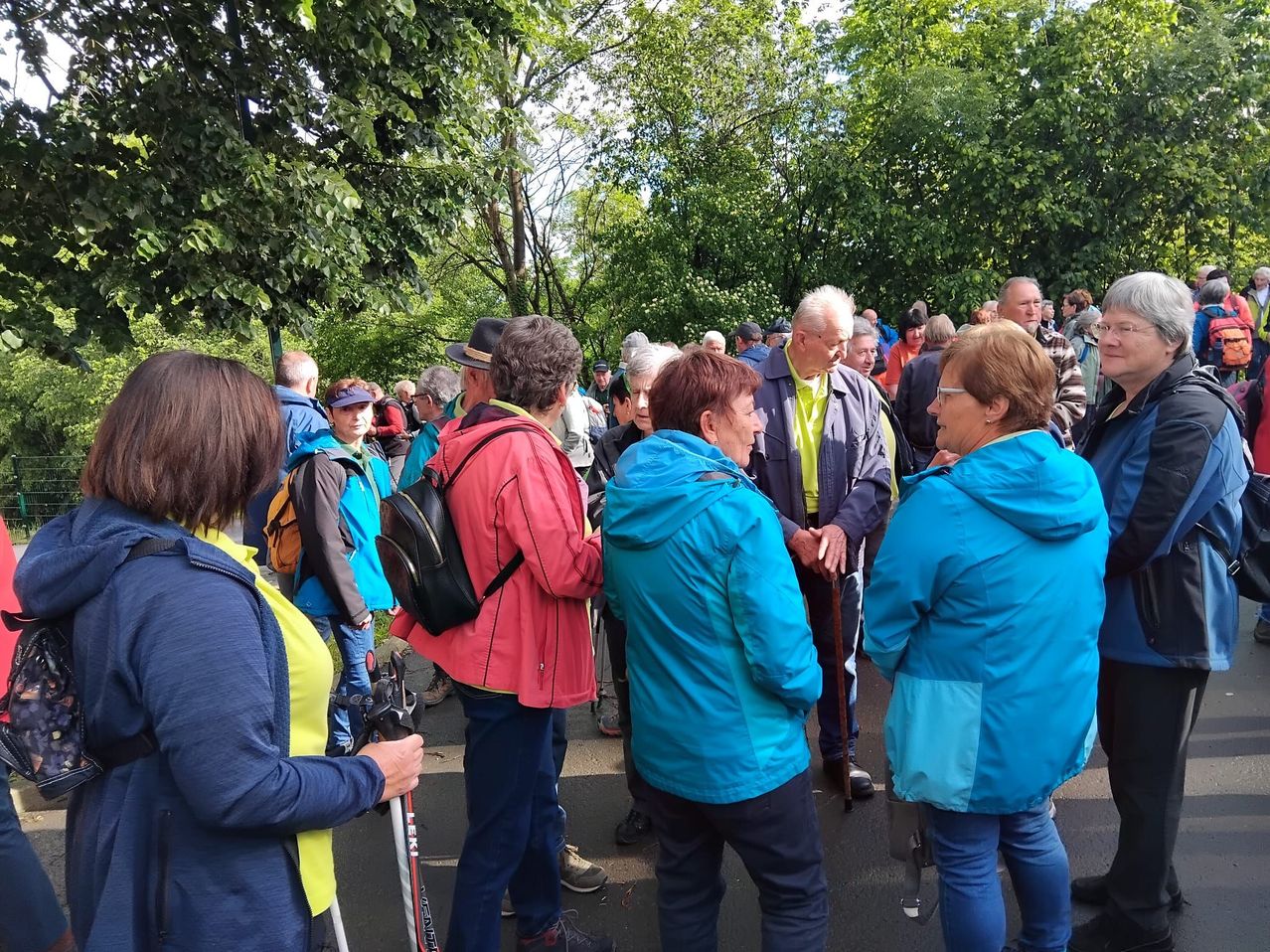 Eine Gruppe von Menschen ist im Freien versammelt, wahrscheinlich in einem Park, wobei einige eine Brille tragen und Rucksäcke mit sich führen. Einige unterhalten sich, während andere zuhören. Sie stehen vor einer Reihe von Bäumen.