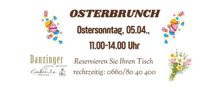 Plakat für Osterbrunch am Ostersonntag, 05.04., von 11:00 bis 14:00 Uhr. Reservieren Sie Ihren Tisch rechtzeitig: 0660/80 40 400.