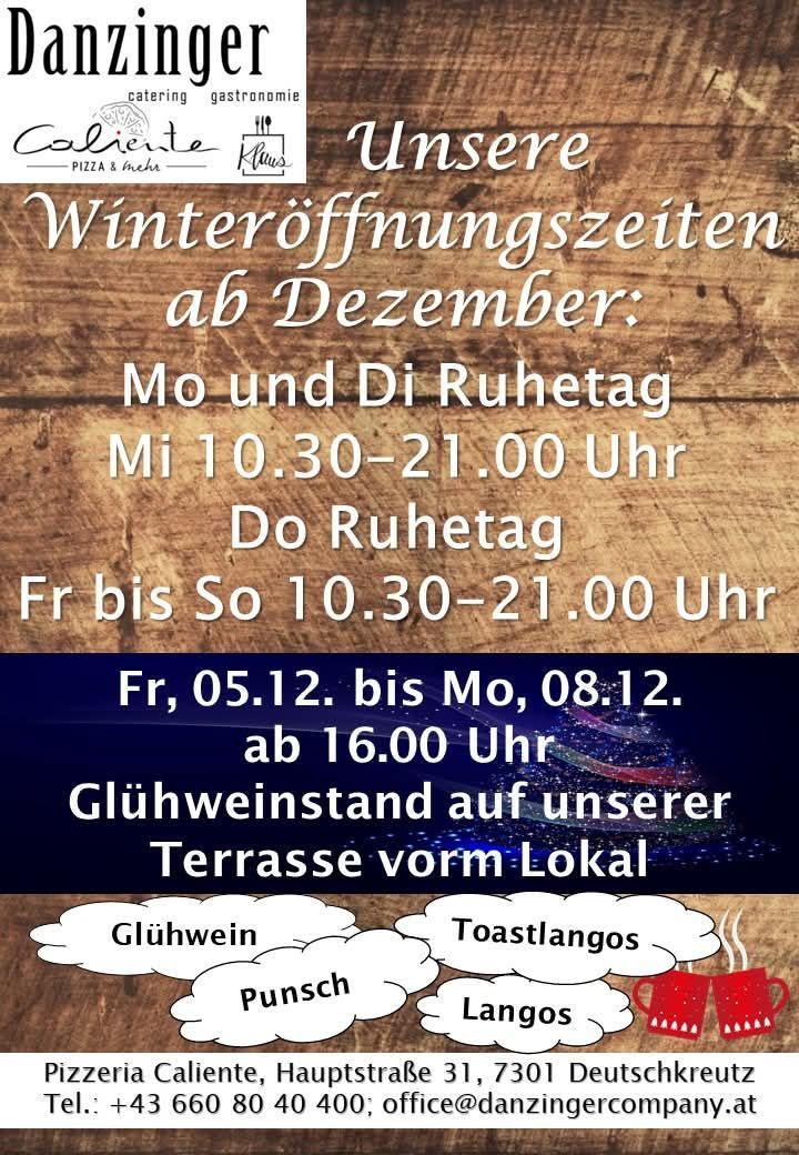 Eine Ankündigung für Winteröffnungszeiten ab Dezember. Montag und Dienstag sind Ruhetage. Mittwoch bis Sonntag geöffnet von 10:30 bis 21:00 Uhr. Vom 5. Dezember bis 8. Dezember ist die Terrasse für Glühwein geöffnet.
