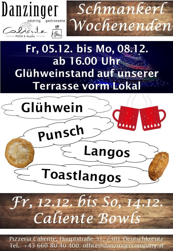 Das Bild bewirbt einen Glühweinstand auf einer Terrasse vom Freitag, 5. Dezember bis Montag, 8. Dezember. Es werden Getränke wie Glühwein, Punsch, Langos und Toastlangos aufgeführt. Ein weiteres Ereignis wird vom Freitag, 12. Dezember bis Sonntag, 14. Dezember erwähnt.