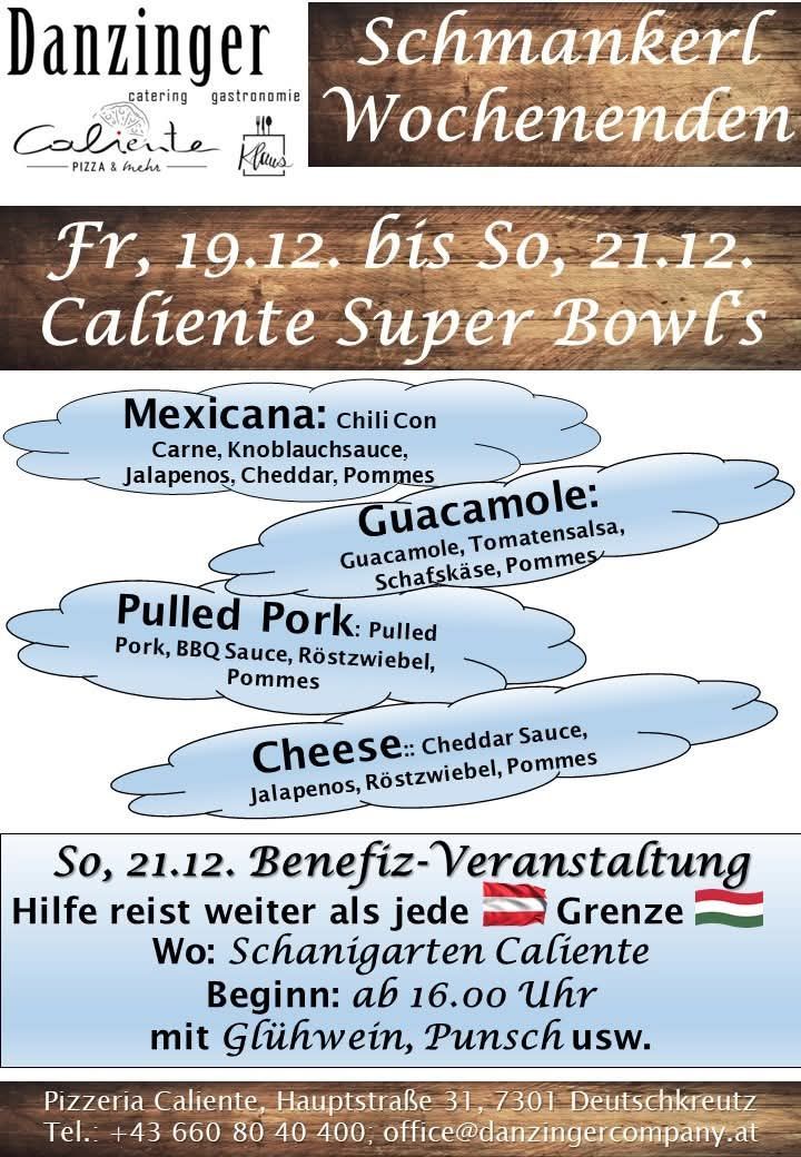 Ein Werbeplakat für Speisen wie Chili Con Carne, Guacamole, Pulled Pork und Käse. Veranstaltungsdetails beinhalten Datum, Veranstaltungsort und einen Hinweis auf eine Benefizveranstaltung.