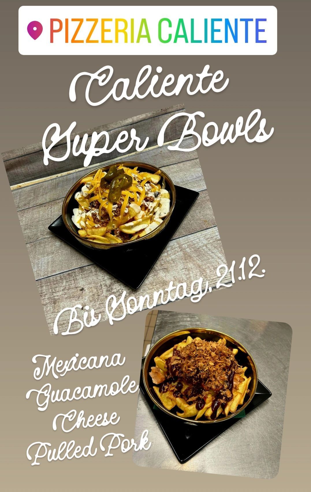 Zwei Bilder von Essen auf Tellern. Eines zeigt eine Schüssel Nachos mit Käse, Jalapenos und saure Sahne. Das andere zeigt eine Schüssel mit Fleisch, Käse und Avocado. Beide sind auf einer Holzoberfläche.