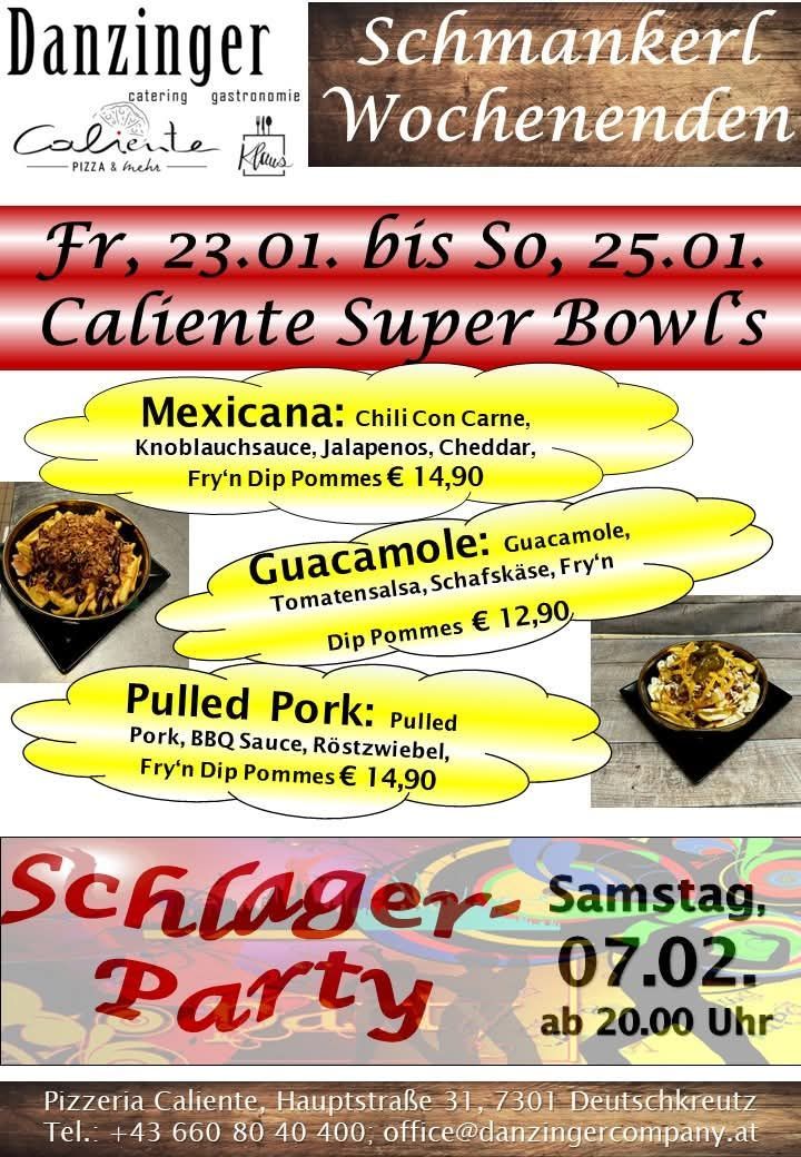 Advertisement for Caliennte Super Bowls from Friday, January 23 to Sunday, January 25. Features Mexican dishes: Chilli con Carne, Guacamole, and Pulled Pork. Each with prices.