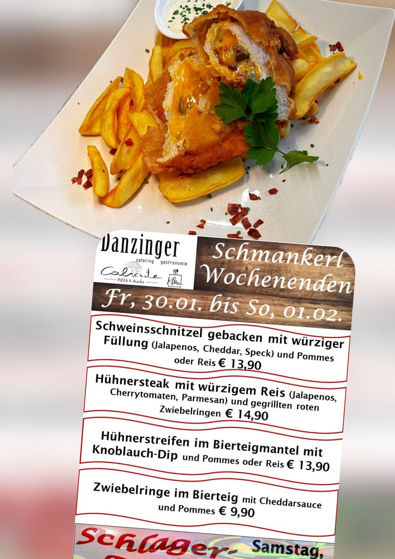 Ein Teller mit einem gebratenen Fischstück, Pommes Frites und Petersilie obenauf. Unten ein Menükarte mit dem Namen 'Danzinger' und Spezialangeboten.