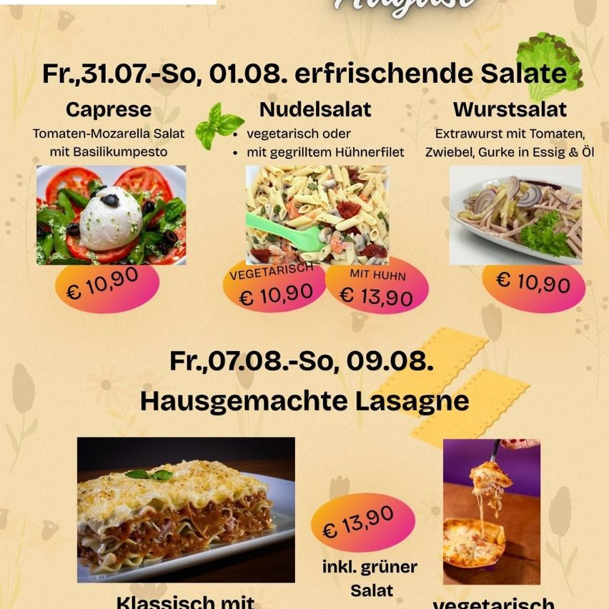 Ein Menüposter, das frische Salate und hausgemachte Lasagne mit Preisen bewirbt. Es bietet drei Salatoptionen: Caprese mit Tomaten und Mozzarella, einen vegetarischen oder Hühnernudelsalat und einen Wurstsalat mit Tomaten, Zwiebeln und Gurken. Das Poster enthält auch eine Lasagne-Option mit grünem Salat.