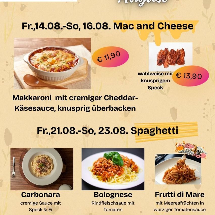 Ein Menüposter, das Pastagerichte bewirbt. Es zeigt eine cremige Mac and Cheese, Carbonara, Bolognese und Frutti di Mare. Jedes Gericht wird von einem Preis und einer kurzen Beschreibung begleitet. Das Poster ist farbenfroh und enthält Bilder der Gerichte.