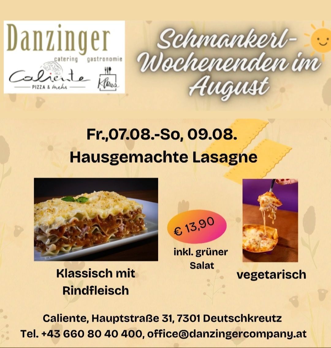 An advertisement for Danziger catering gastronomy featuring homemade lasagna with beef and a vegetarian option, available from August 7th to August 9th. The price is 13.90 euros, including a green salad. Contact details are provided.