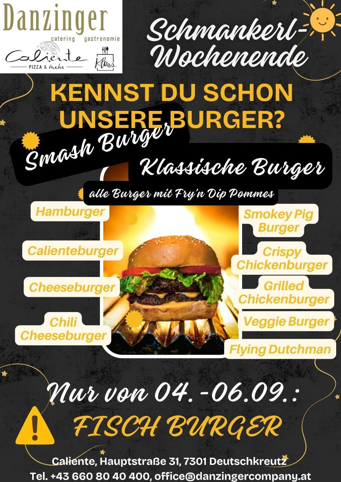 Ein Poster, das verschiedene Burger anbietet, darunter Smash Burger, Klassiche Burger und andere, mit einem gegrillten Burger in der Mitte. Das Poster ist dunkel mit gelben Highlights und Text.