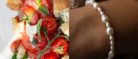 Ein Teller mit frischen Tomaten, Basilikum und Mozzarella. Ein Perlenarmband am Handgelenk.