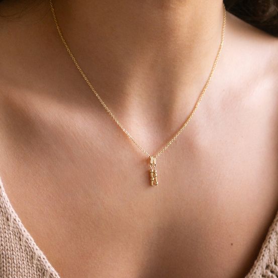 Eine Frau trägt eine goldene Halskette mit einem kleinen Anhänger auf ihrer Brust.