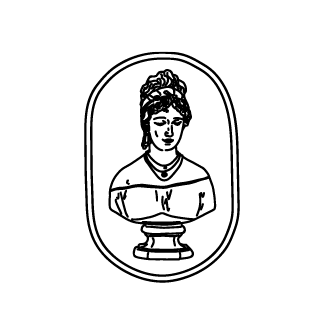 Eine Schwarz-Weiß-Illustration eines Frauenkopfes in einem ovalen Rahmen. Der Kopf schaut nach links.