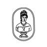 Eine Schwarz-Weiß-Illustration eines Frauenkopfes in einem ovalen Rahmen. Der Kopf schaut nach links.