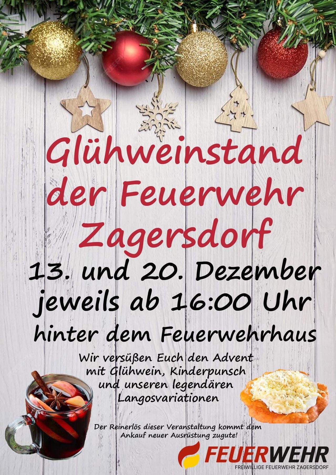 Plakat für Glühweinstand der Feuerwehr Zagersdorf. Veranstaltungen am 13. und 20. Dezember um 16 Uhr. Hinter dem Feuerwehrhaus. Genießen Sie Glühwein, Kinderpunsch und Legenden.