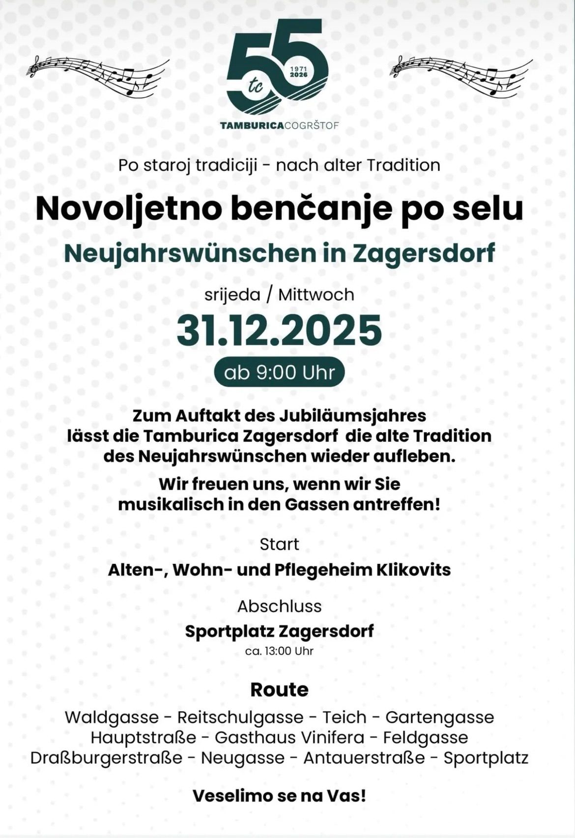 Postkarte mit der traditionellen Neujahrswünsche in Zagersdorf am Mittwoch, 31. Dezember 2025, Beginn um 9:00 Uhr. Die Tamburica Zagersdorf lässt die alte Tradition der Neujahrswünsche wieder aufleben, beginnend vom Alten-, Wohn- und Pflegeheim Klikovits. Die Route endet am Sportplatz Zagersdorf gegen 13:00 Uhr.
