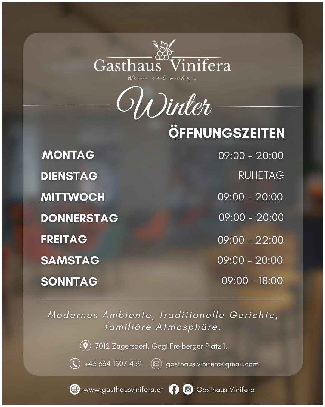 Gasthaus Vinifera in Zagersdorf. Modernes Ambiente, traditionelle Gerichte und familiäre Atmosphäre. Geöffnet von Montag bis Sonntag, Öffnungszeiten variieren. Adresse: 7012 Zagersdorf, Gegi Freiberger Platz 1. Kontakt: +43 664 1507 459, gasthaus.vinifera@gmail.com.