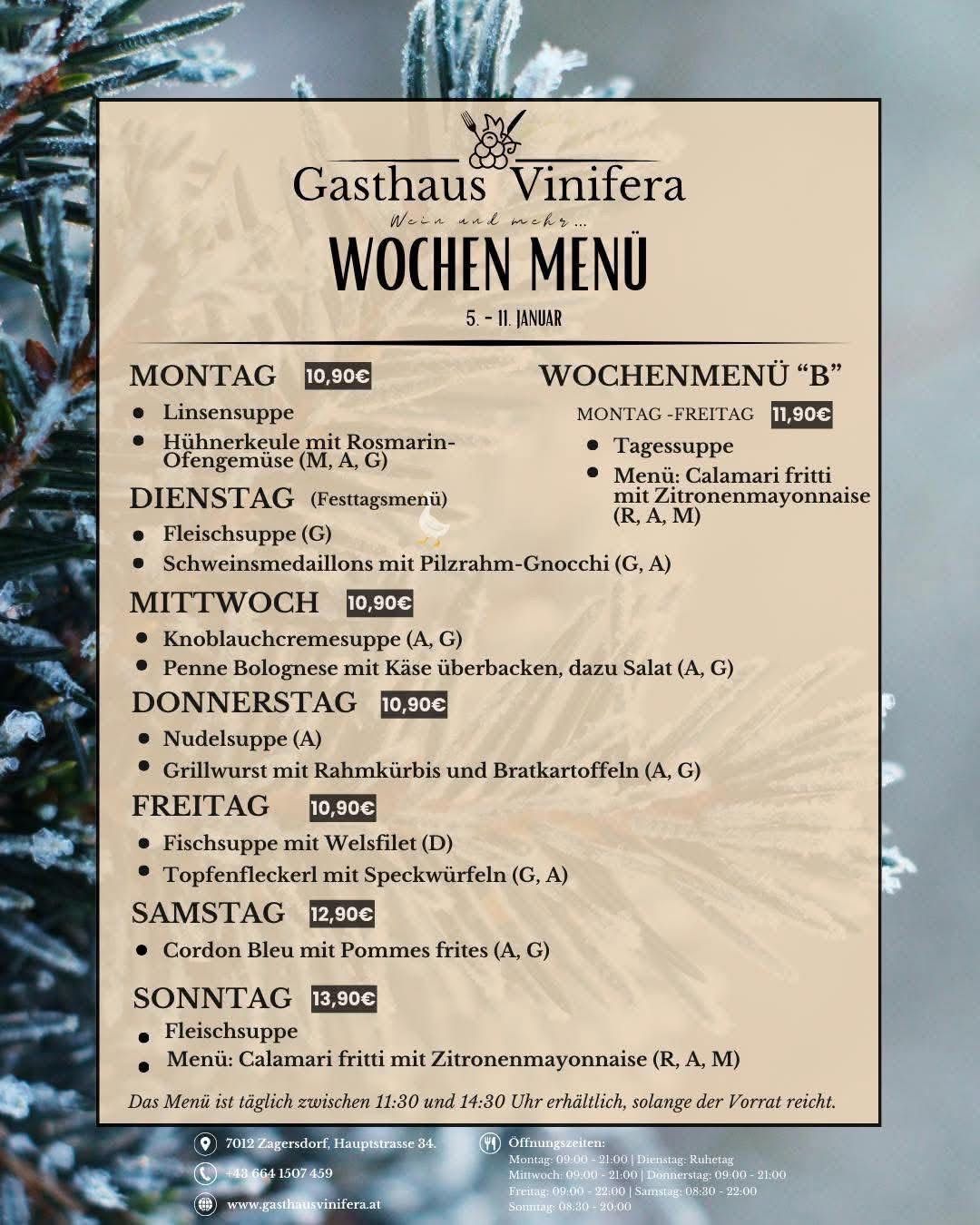 Wöchenliche Speisekarte für Gasthaus Vinifera vom 5. bis 11. Januar. Das Menü beinhaltet Gerichte wie Linsensuppe, Fleischsuppe und Calamari fritti. Verfügbar von 11:30 bis 14:30 Uhr.
