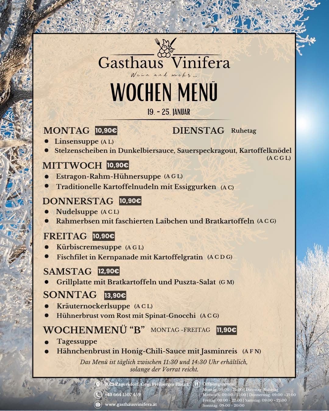 Wöchenliches Menü vom 19. bis 25. Januar im Gasthaus Vinifera. Angebote umfassen Linsensuppe, Hähnchenbrust mit Spinat-Gnocchi und Curry-Garnelensuppe. Montag bis Freitag für 11,90 Euro erhältlich.
