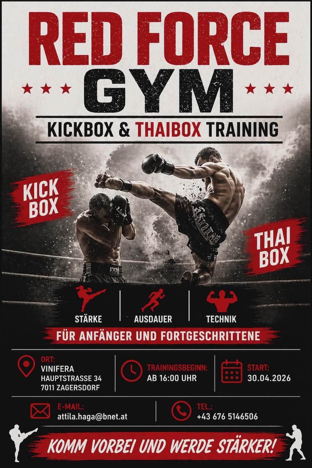 Kickbox- und Thaibox-Training bei Vinifera Hauptstrasse 34, 7011 Zagersdorf. Beginnt am 30. April 2026 um 16 Uhr. Fokus auf Kraft, Ausdauer und Technik für Anfänger und Fortgeschrittene.